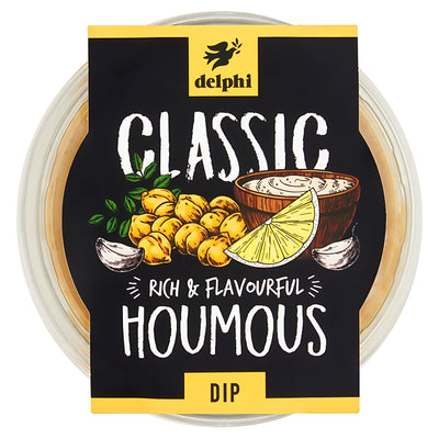 Top view of a Delphi - Houmous Dip - 170g container with a label featuring chickpeas, a lemon wedge, vegan dip in a bowl, and garlic—ideal for anyone seeking gluten-free houmous.