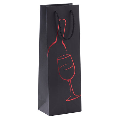 A black paper gift bag with black twisted rope handles, featuring a red line-art graphic of a wine bottle and a wine glass on the front, set against a plain white background.