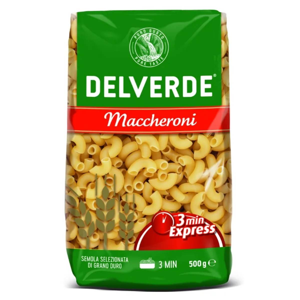 The Delverde - Maccheroni Pasta - 500g, featuring a "3 Min Express" label, is packaged in vibrant green and red. Crafted with premium ingredients, it delivers the genuine taste of Italy in mere minutes.