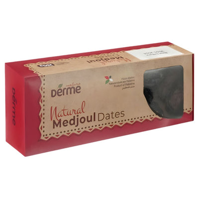 A red rectangular box labeled "Derme - Natural Medjoul Dates - 250g" features a transparent window displaying premium dates. The packaging states the product is from Palestine and emphasizes its natural energy benefits.