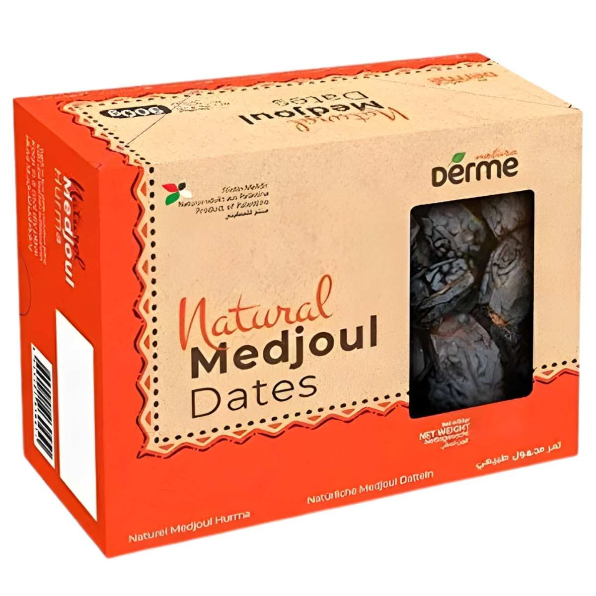 A 908g box of Derme Natural Medjoul Dates with a window displays the premium dates inside and bilingual product info, providing a tasty natural energy source.