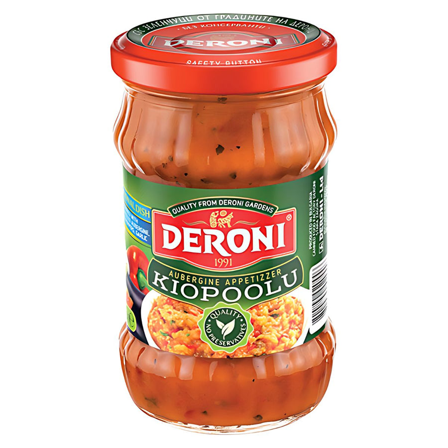 A 500g glass jar of Deroni Kiopoolu Aubergine Appetizzer Spread with a red lid and green label featuring the Deroni brand, product name, and an image of this traditional appetizer.