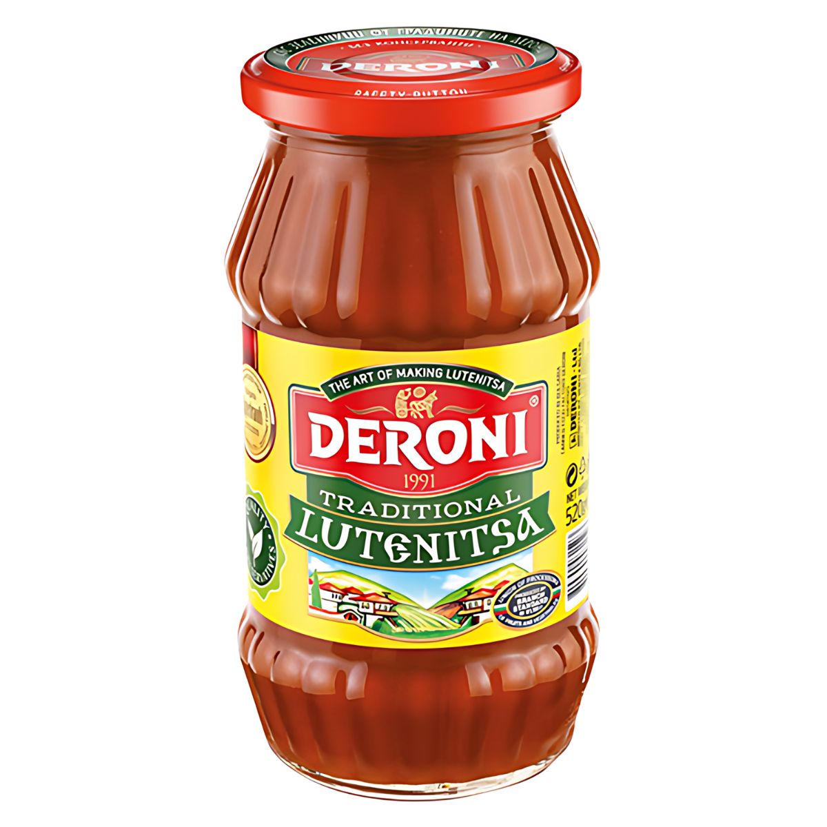 A glass jar of Deroni - Traditional Lutenitsa Spread - 520g with a red lid and yellow label featuring text and images of fresh vegetables, embodying the essence of Bulgarian cuisine.