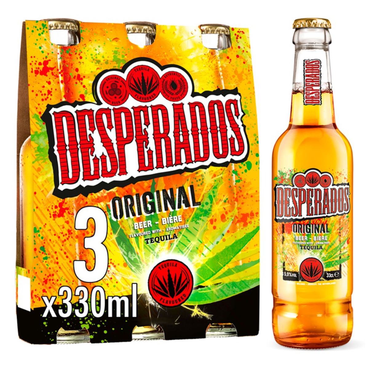 Desperados - Tequila Flavoured Lager Beer Bottle (5.9% ABV) - 3 x 330ml original 3 x 3 x 30ml.