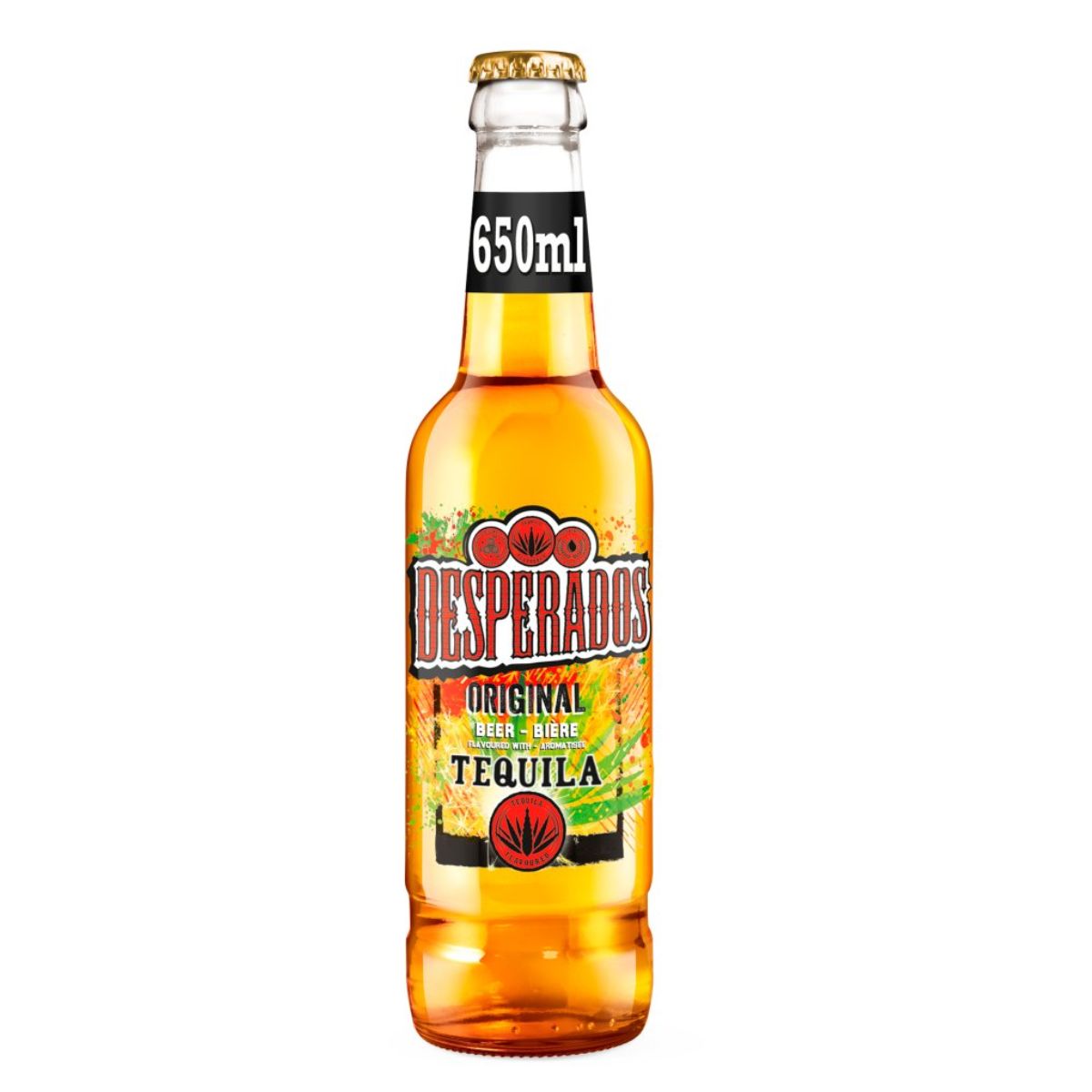 A bottle of Desperados - Tequila Flavoured Lager Beer Bottle (5.9% ABV) - 650ml on a white background.