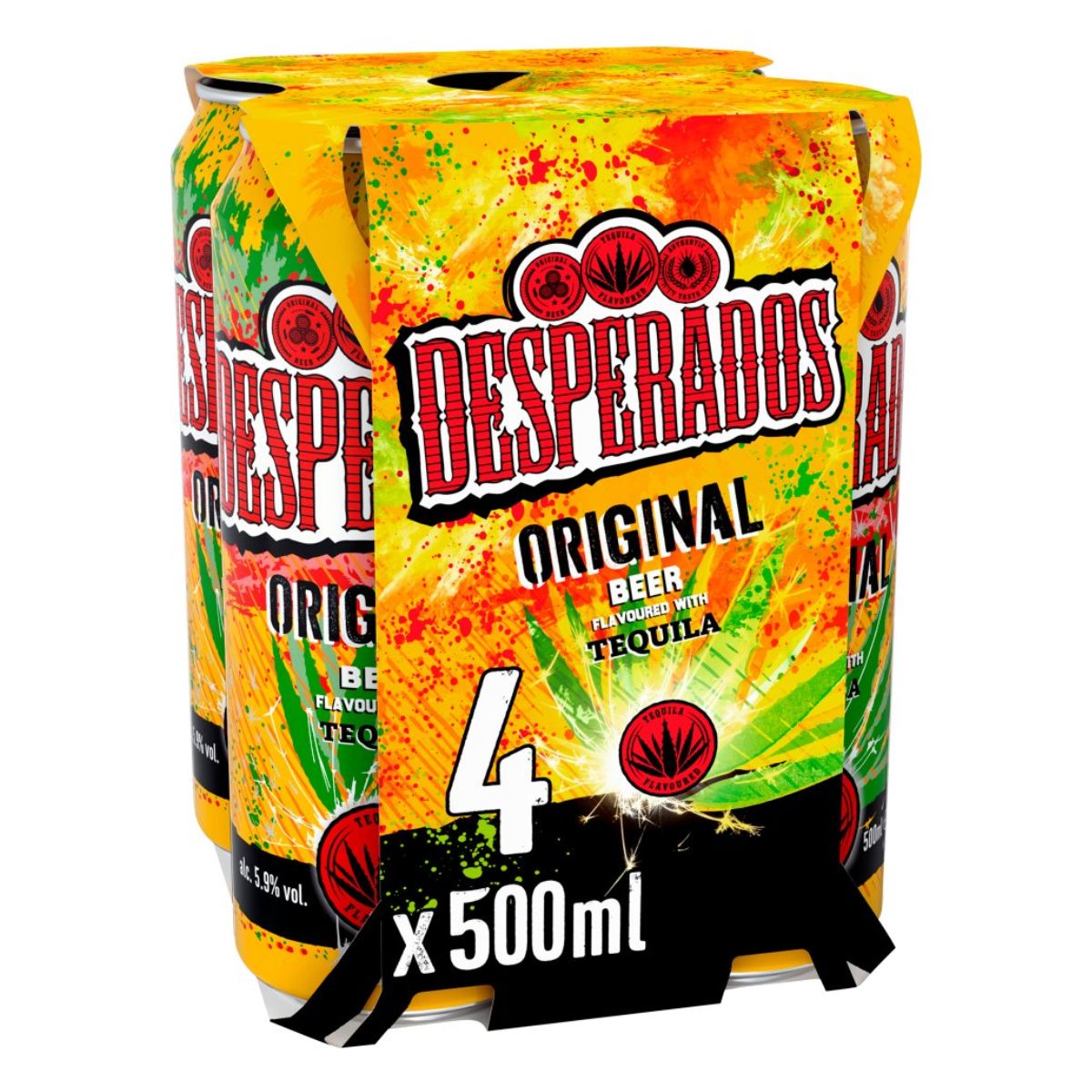 A pack of Desperados - Tequila Lager Beer Can (5.9% ABV) - 4 x 500ml.