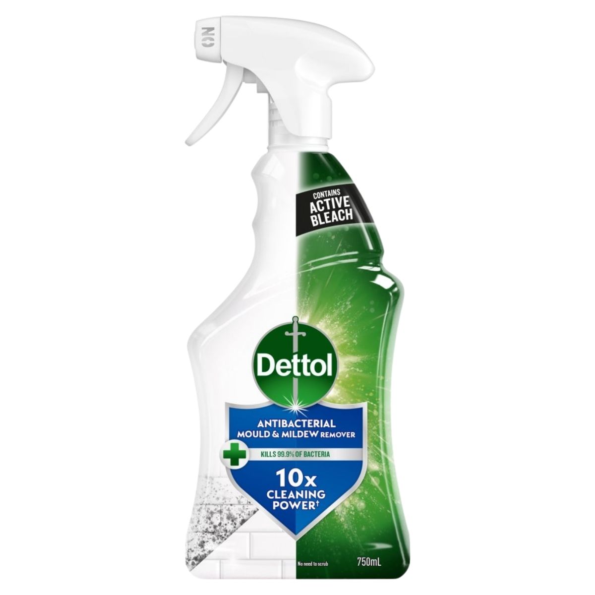 The Dettol Antibacterial Mould & Mildew Remover 750ml spray features active bleach and claims 10x cleaning power.