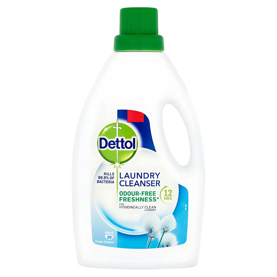 Dettol Laundry Cleanser Fresh Cotton 1L is a white bottle with a green cap that kills 99.9% of bacteria and provides up to 12 hours of odour-free freshness.