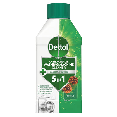 A bottle of Dettol - Original Anti Bacterial Washing Machine Cleaner - 250ml with a green cap, featuring a 5-in-1 formula description and an image of a washing machine drum.