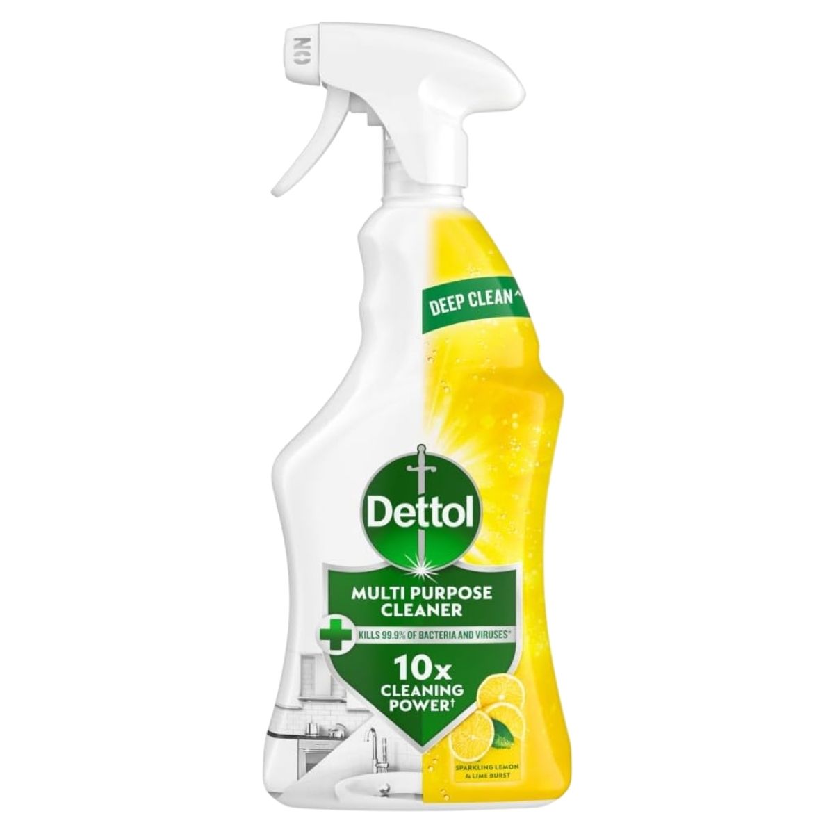 A 750ml bottle of Dettol Sparkling Lemon & Lime Burst Multipurpose Cleaner—an antibacterial disinfectant with a spray nozzle and "10x cleaning power" for effective home cleaning.