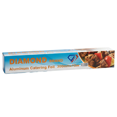 Diamond - Catering Aluminium Foil (300mm x 10m) by Diamond is ideal for food service and comes in packaging featuring grilled skewers.