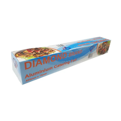 A box of Diamond Catering Aluminium Foil, 450mm x 75m, with images of food on its sleek white packaging, ensures kitchen sparkle while keeping your culinary creations fresh.