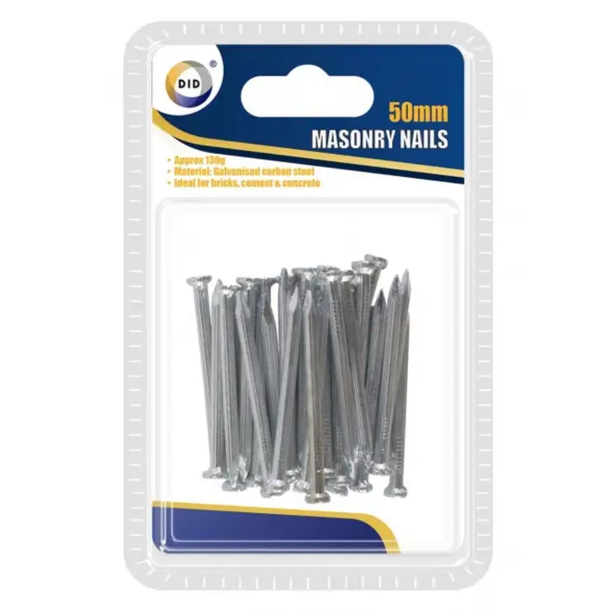 A package of Did - Masonry Nails 50mm suitable for brick, cement, and concrete.