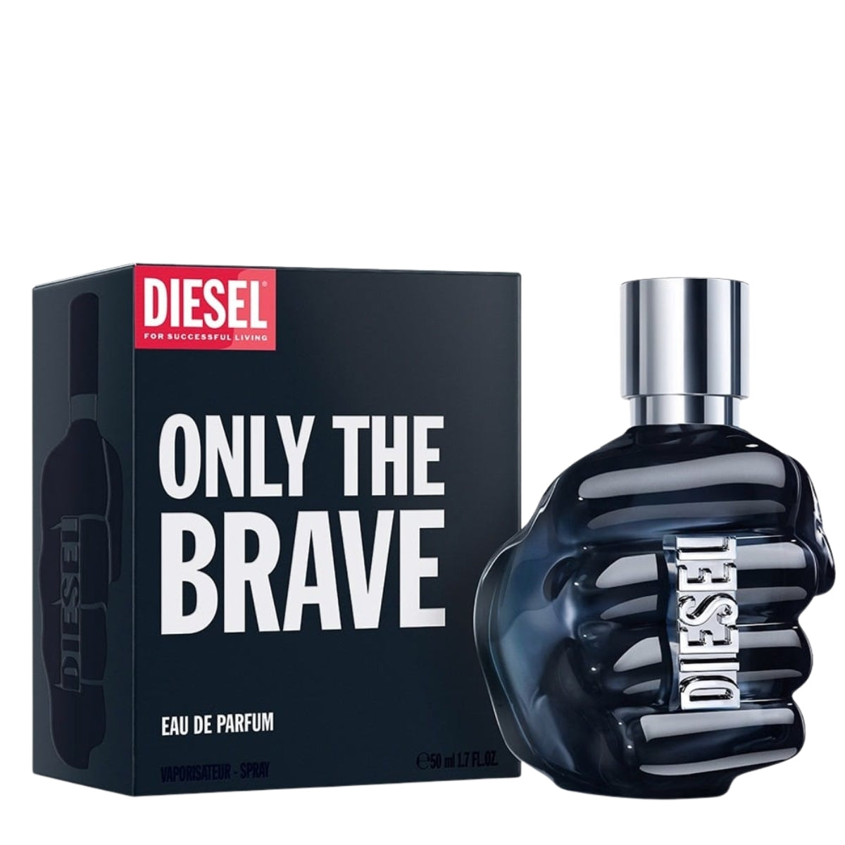 Diesel Only The Brave Eau De Parfum 100ml bottle next to its black packaging box with a red Diesel logo, on a white background.