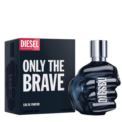 Diesel Only The Brave Eau De Parfum 100ml bottle next to its black packaging box with a red Diesel logo, on a white background.