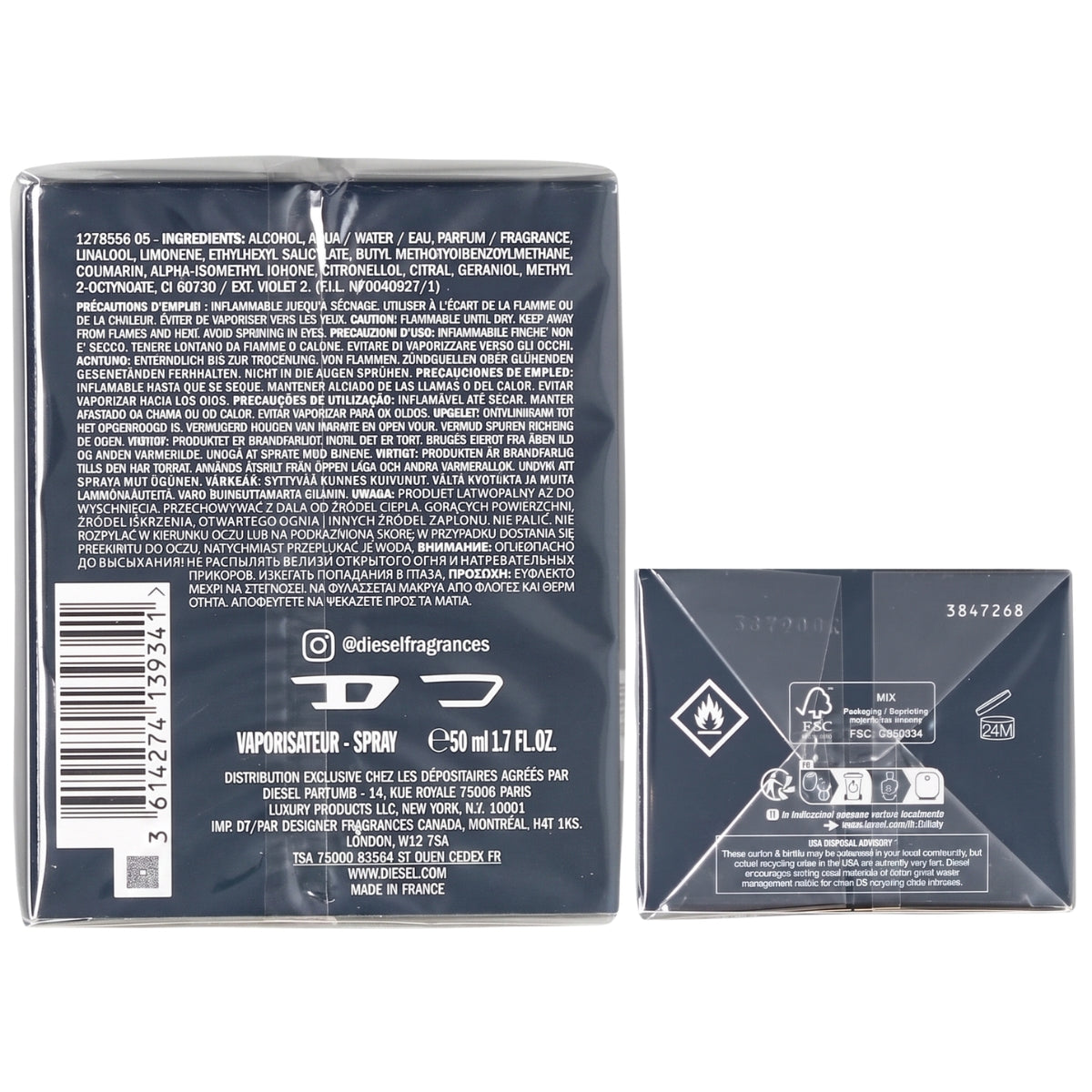 Back of a perfume packaging with text and branding on a white background