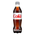 A 500 ml plastic bottle of Diet Coke - Cola with a gray cap and white label featuring the Diet Coke logo, offering a refreshing, zero-sugar taste.