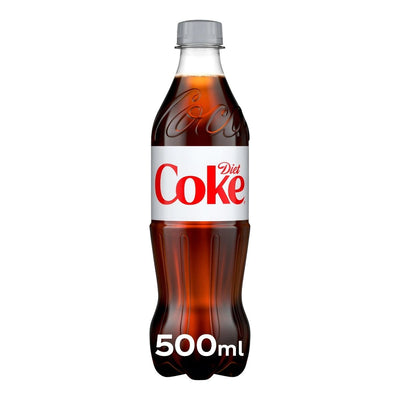 A 500 ml plastic bottle of Diet Coke - Cola with a gray cap and white label featuring the Diet Coke logo, offering a refreshing, zero-sugar taste.