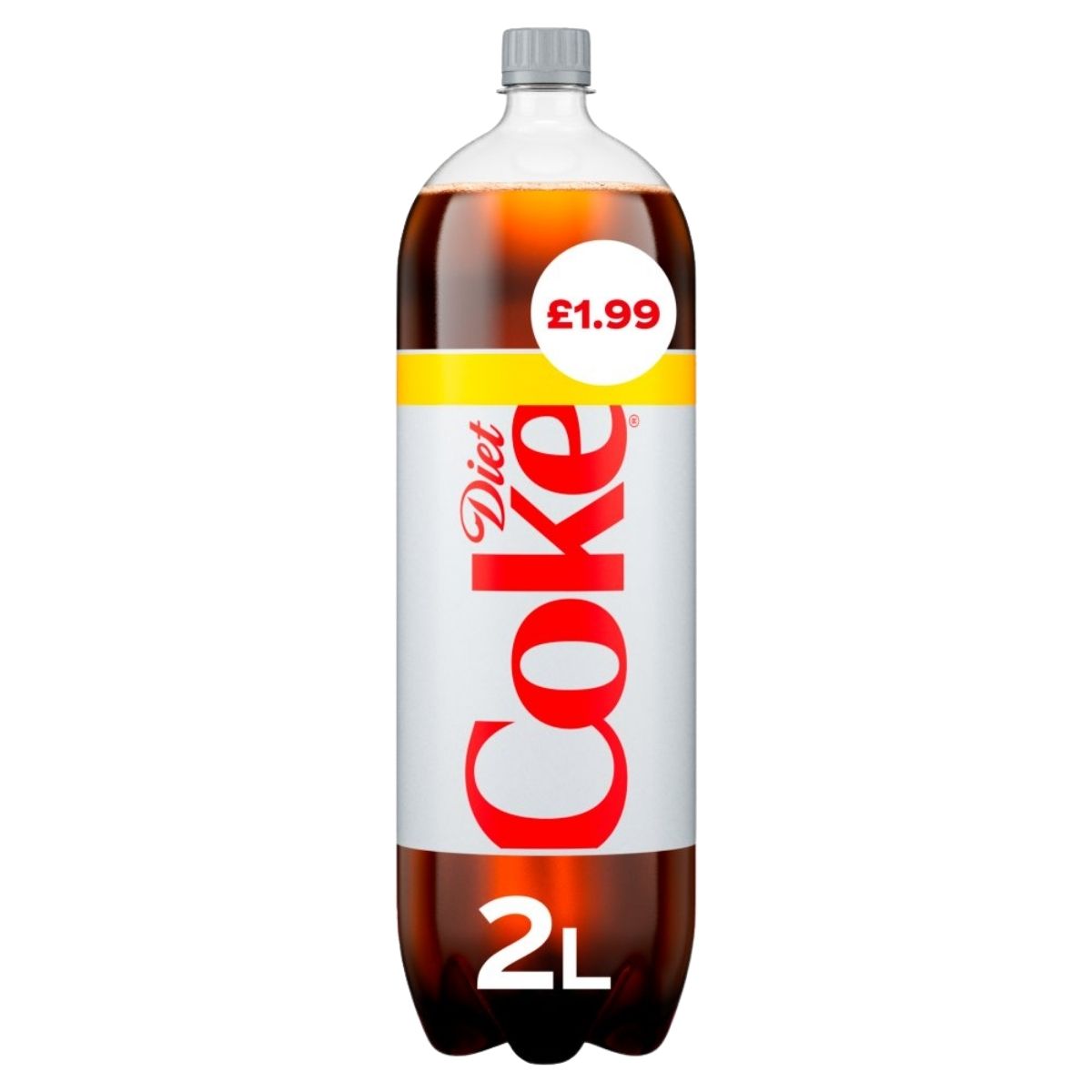 Diet Coke bottle with a price tag of £1.99 on a white background