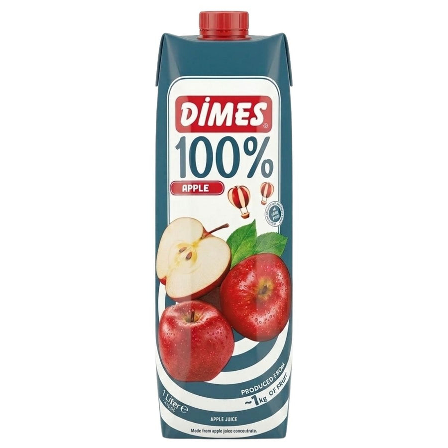 A 1L carton of Dimes 100% Apple Juice displays whole and sliced apples on the front, has a red screw cap, and includes product information.