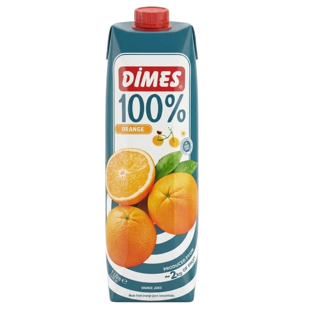 Dimes 100% Orange juice carton with oranges on a white background