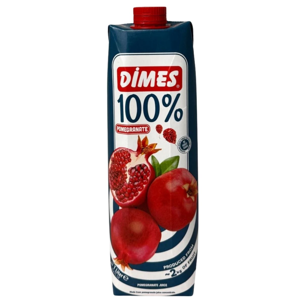 A 1L rectangular carton of Dimes 100% Pomegranate Juice, featuring images of whole and sliced pomegranates on the front and a red screw cap.