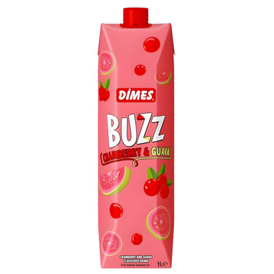 A 1L carton of Dimes - Buzz Cranberry & Guava Flavoured Drink, a fruit beverage from Dimes, with cranberries and guavas on a pink background.