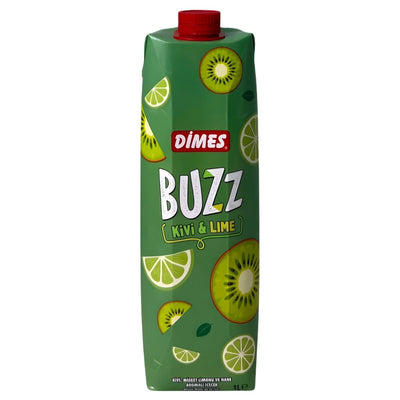 A 1L carton of Dimes Buzz Kiwi, Lime & Mint Flavoured Drink displays sliced kiwis and limes on a green background with a red cap, offering a refreshing beverage from Dimes.
