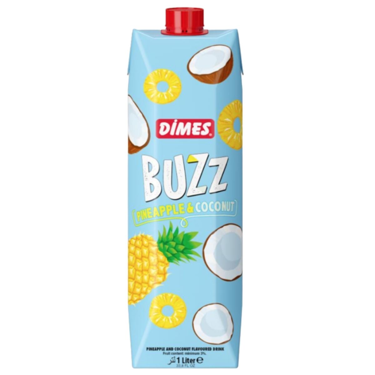 A 1L carton of Dimes Buzz Pineapple & Coconut Flavoured Drink by Dimes, featuring pineapple and coconut images on a light blue background.