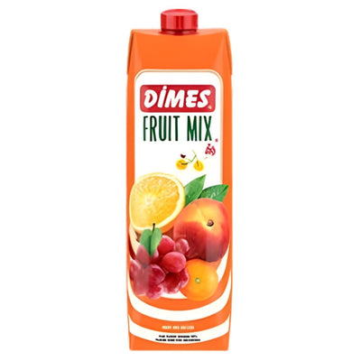 A 1L carton of Dimes Fruit Mix Drink with 50% fruit content, showing orange, grapes, peach, and apricot images and topped with a red screw cap.