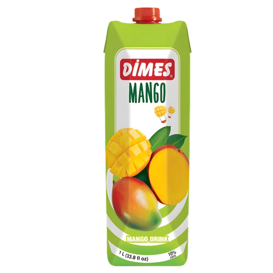 Dimes - Mango Drink - 1L carton with mango images and green cap, featuring 10% real fruit content for a delicious tropical taste.