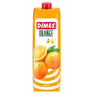 A 1L bottle of Dimes - Orange Drink by Dimes, featuring real fruit content, vibrant orange images, and a red cap.