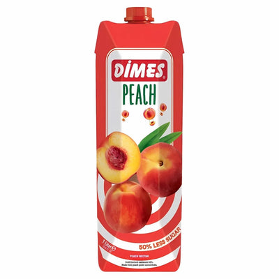 Dimes - Peach Fruit Juice - 1L carton features peach images and bold labels "50% less sugar" and "natural sweetness," enriched with essential vitamins for savoring every sip.