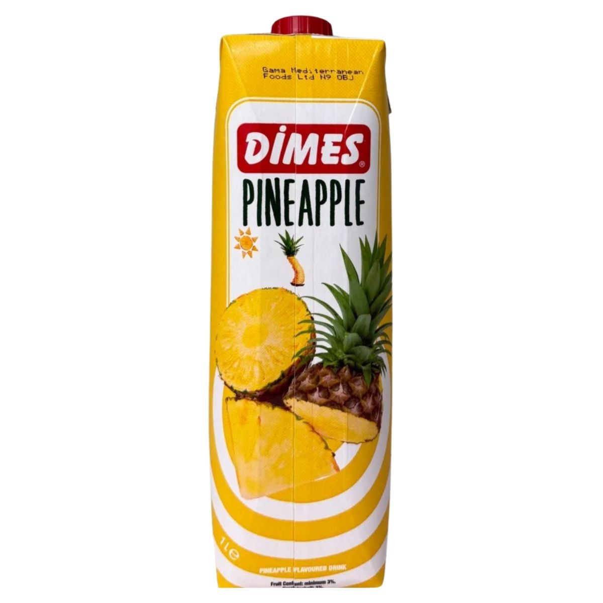 A 1L carton of Dimes Pineapple Juice Drink by Dimes, featuring images of whole and sliced pineapples on the front.