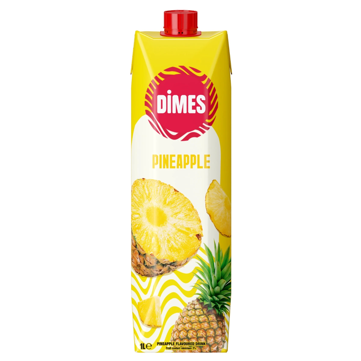 A 1-litre Dimes - Pineapple Juice Drink carton, featuring images of ripe pineapples on a yellow and white background, with a red cap and the product name “Pineapple” displayed in bold letters.