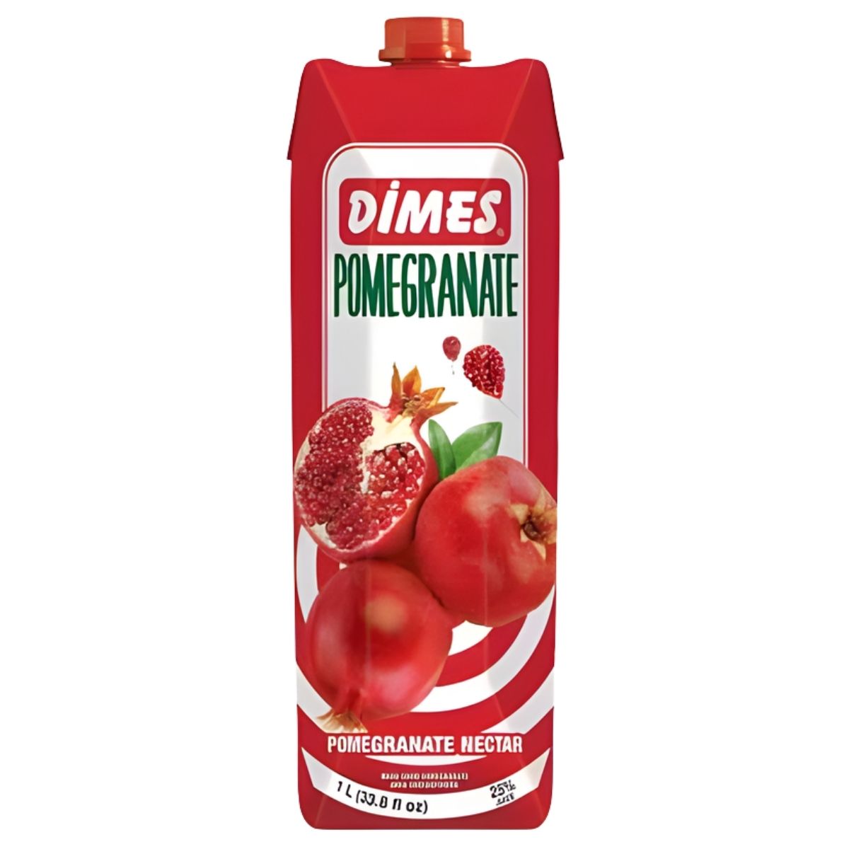Dimes Pomegranate juice carton with pomegranate graphics on a white background