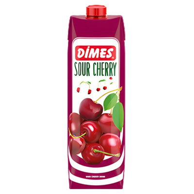 A 1L rectangular carton of Dimes Sour Cherry Drink, containing 13% fruit content and decorated with images of cherries and green leaves on the front.