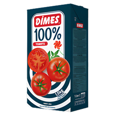 A 1L carton of Dimes Tomato Juice, made from tomato puree concentrate, displays whole and sliced tomatoes on the front and detailed product info on the side.