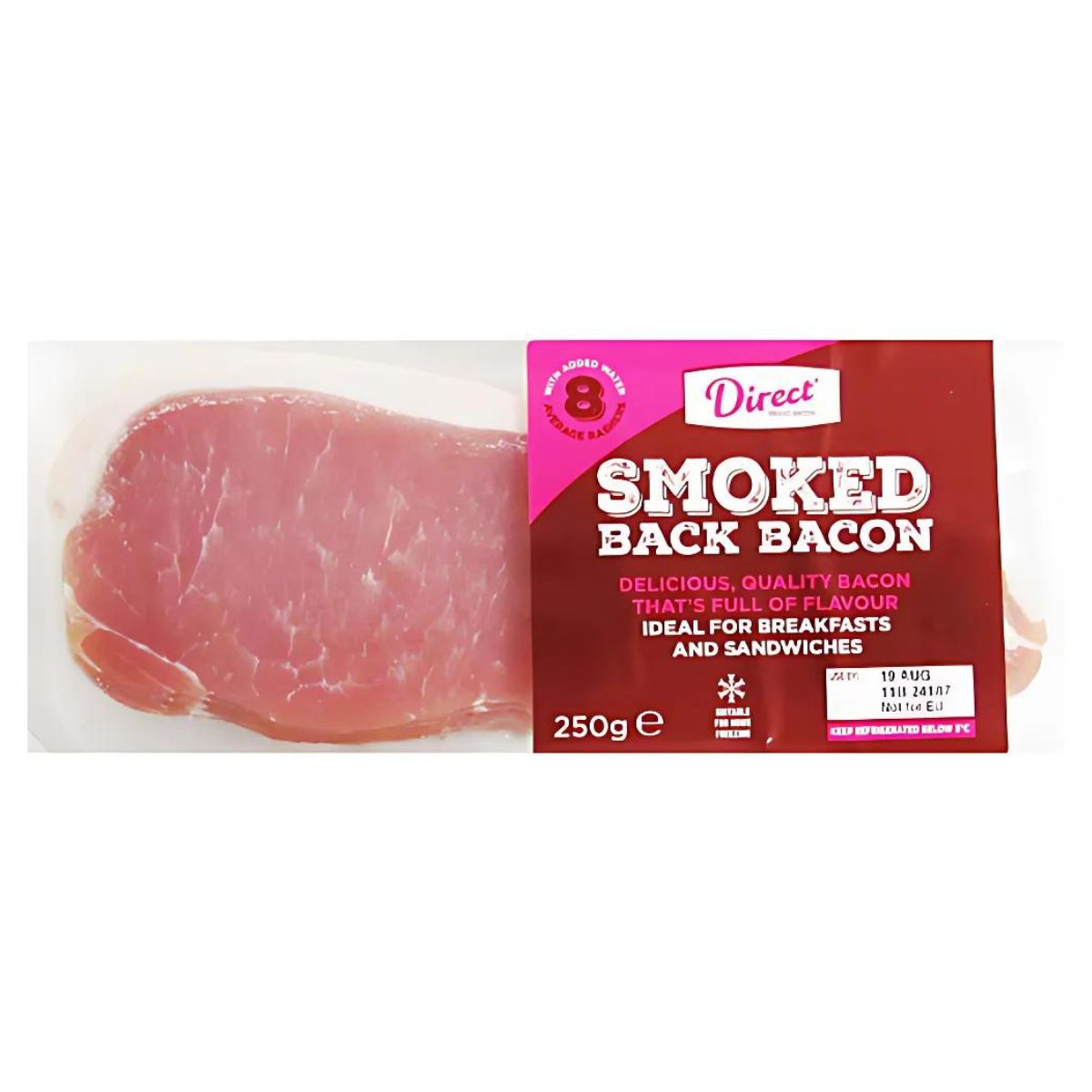 A 250-gram package of Direct - Smoked Back Bacon, labeled as perfect for breakfasts and sandwiches, containing eight rashers.