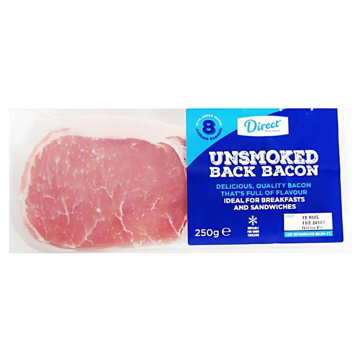 The label of the 250g package of Direct Unsmonked Back Bacon highlights its premium quality and flavor, making it perfect for breakfast dishes and sandwiches.