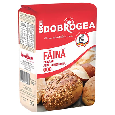 Dobrogea - Faina Alba Flour - 1Kg features images of various baked breads on the front and nutrition info on the side, making it an ideal white flour choice for all your baking needs.