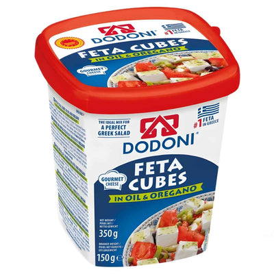 Dodoni Cheese With Feta Cubes In Oil & Oregano, 350g: a plastic tub with a red lid and images of feta in Greek salad—ideal for Mediterranean dishes.