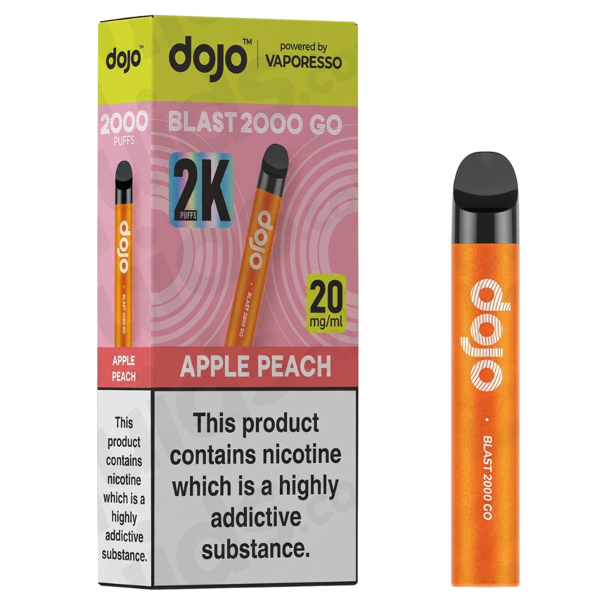 A Dojo - Blast 2000 Go Apple Peach Pod Vape Kit by Dojo in an orange color is displayed beside its box, which features product information and a warning about nicotine addiction.