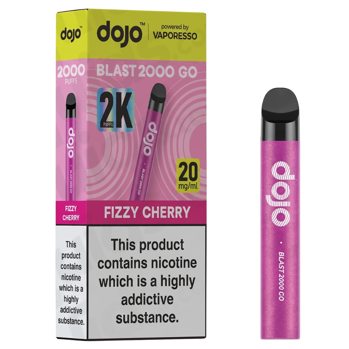 A Dojo - Blast 2000 Go Fizzy Cherry Pod Vape Kit - 20mg/mL by Dojo is displayed in pink beside its packaging, which highlights 2000 puffs, 20mg/mL nicotine strength, and features a nicotine warning label. This convenient disposable vape kit includes a prefilled pod for a hassle-free vaping experience.