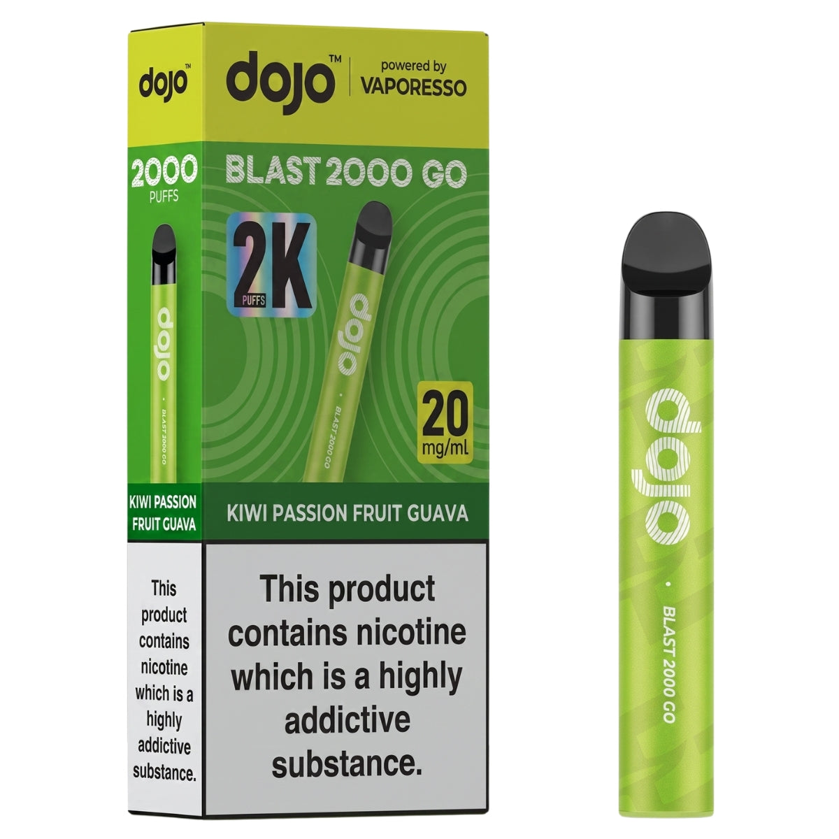 The Dojo - Blast 2000 Go Kiwi Passion Fruit Guava Pod Vape Kit by Dojo offers up to 2000 puffs with a 20mg/mL nicotine strength for long-lasting satisfaction. This disposable vape kit comes in the refreshing Kiwi Passion Fruit Guava flavor and is also available in other exciting options like Cherry Ice. The packaging includes a clear warning about nicotine's addictive nature.