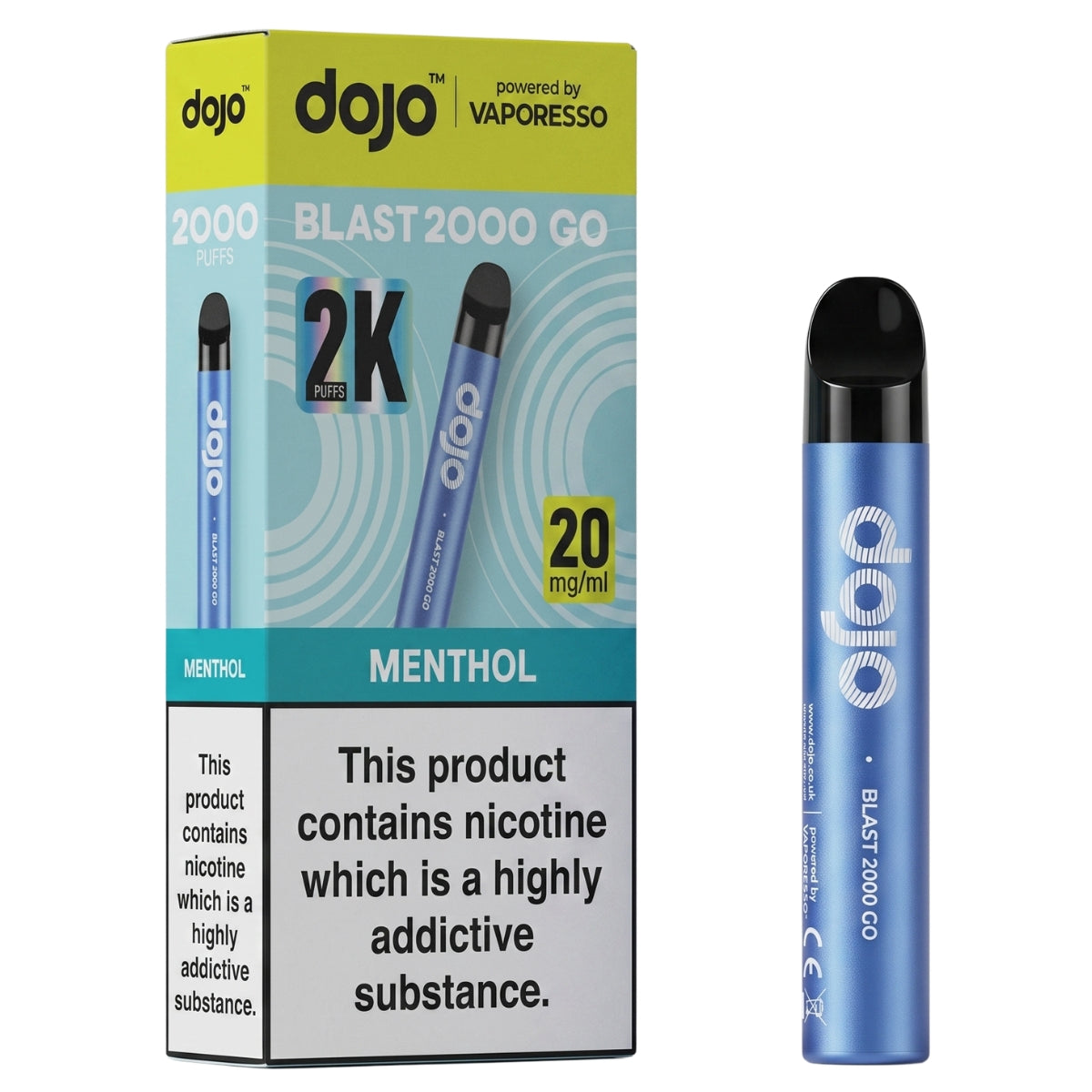 A Dojo - Blast 2000 Go Menthol Pod Vape Kit (20 mg/mL) in blue is displayed beside its packaging, which features branding from Dojo, a mention of 2000 puffs, a nicotine strength of 20 mg/mL, and a nicotine addiction warning.