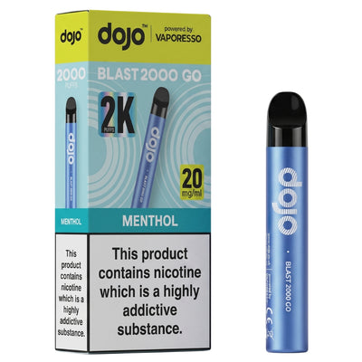 A Dojo - Blast 2000 Go Menthol Pod Vape Kit (20 mg/mL) in blue is displayed beside its packaging, which features branding from Dojo, a mention of 2000 puffs, a nicotine strength of 20 mg/mL, and a nicotine addiction warning.