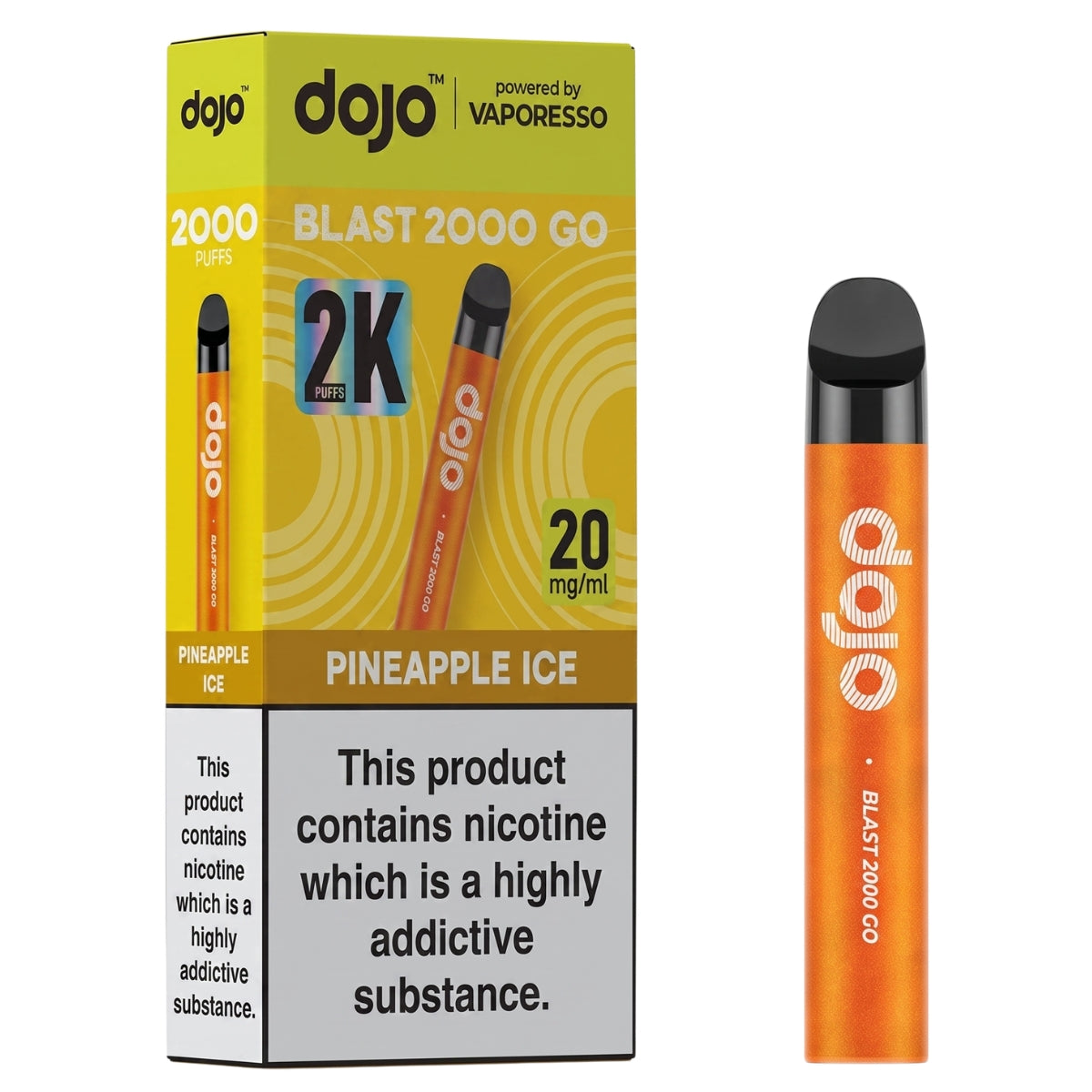A Dojo - Blast 2000 Go Pineapple Ice Pod Vape Kit (20mg/mL) stands next to its box, which features the Dojo brand name, product information, and a nicotine addiction warning.