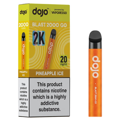 A Dojo - Blast 2000 Go Pineapple Ice Pod Vape Kit (20mg/mL) stands next to its box, which features the Dojo brand name, product information, and a nicotine addiction warning.