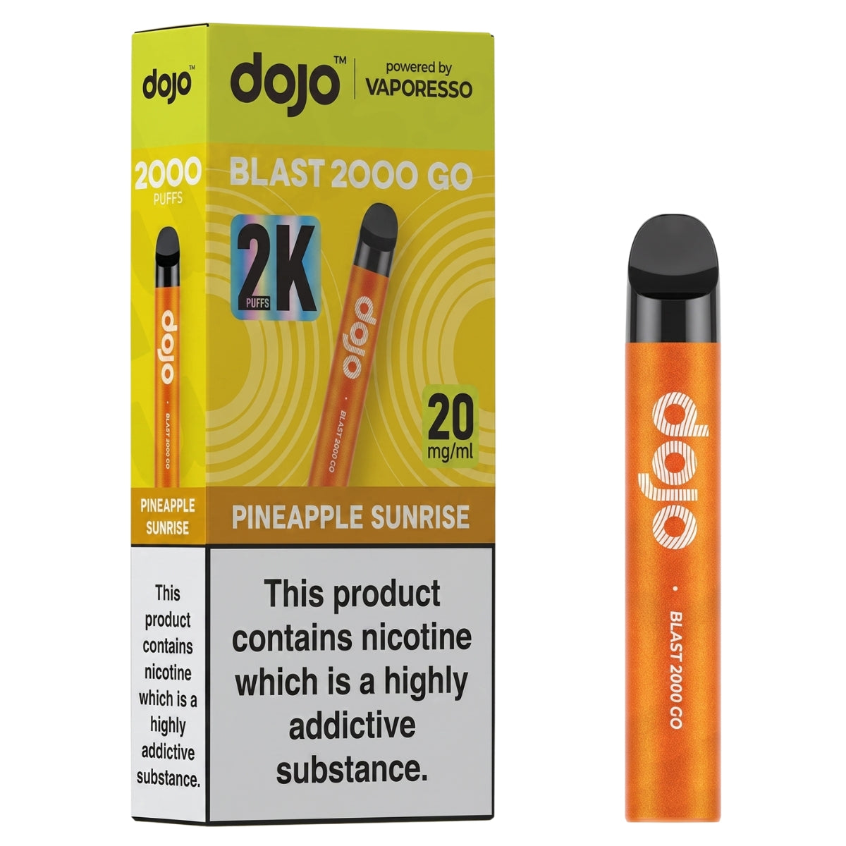 An orange Dojo Blast 2000 Go Pineapple Sunrise pod vape kit and its box, labeled "Pineapple Sunrise, 2000 puffs, 20 mg/mL," deliver a refreshing vaping experience with a nicotine addiction warning. The Dojo Blast 2000 Go is now also available in Pink Lemonade flavour for those wanting a tangy twist.